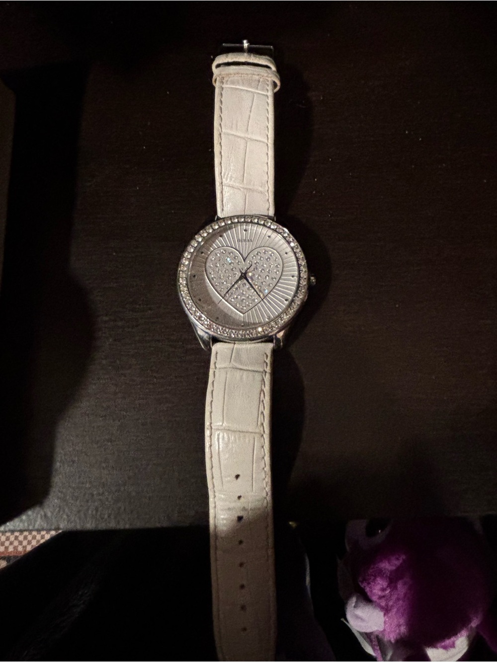 Guess Silver Crystal Heart Dial Watch with White Strap